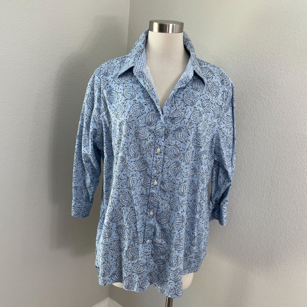 Chaps Womens Plus 1X Blue Paisley No Iron Button Up Shirt 3/4 Sleeve Blouse